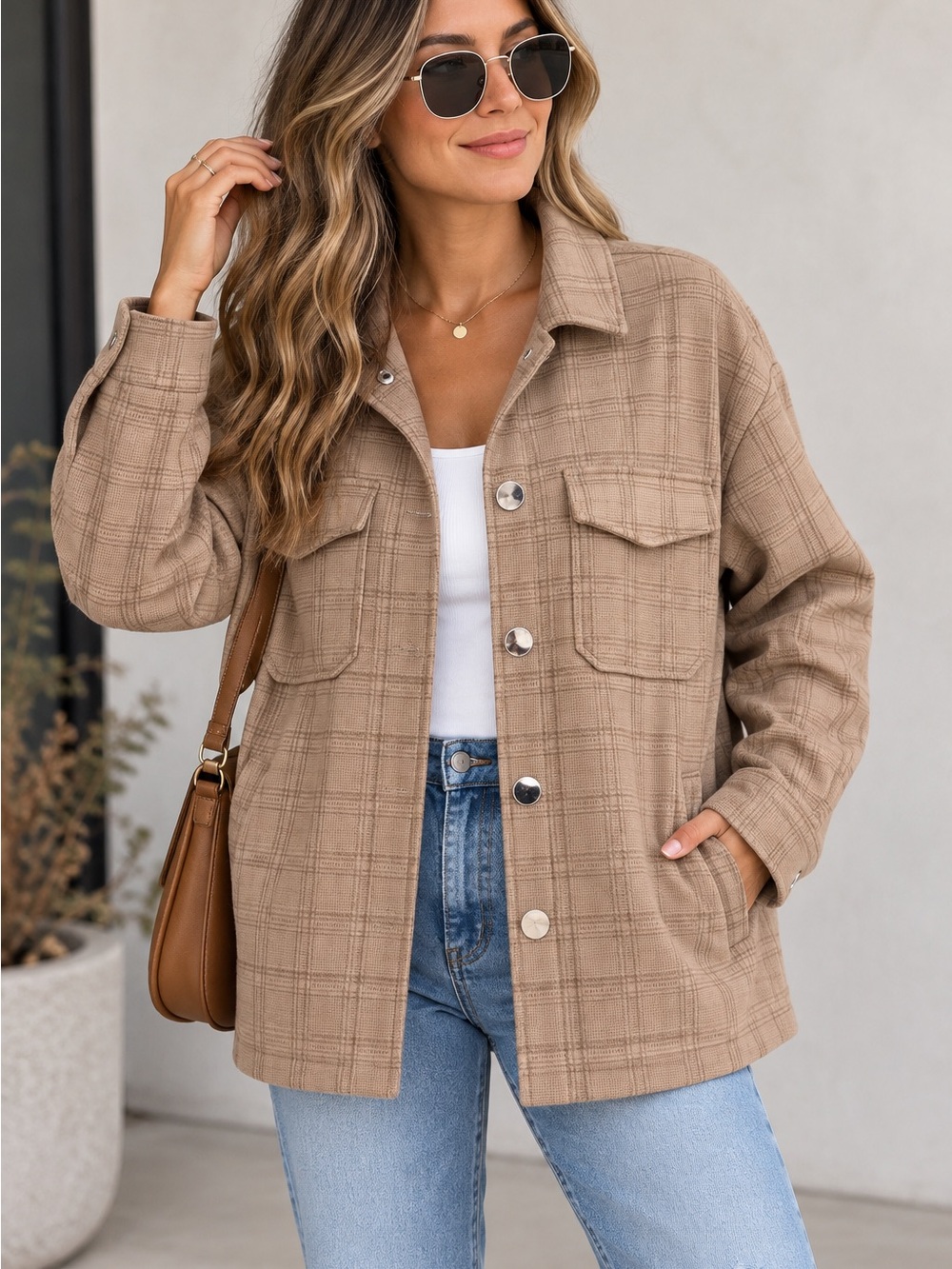 Alice & Blue Plaid Shacket Women’s M Tan Brown Oversized Button Front Utility